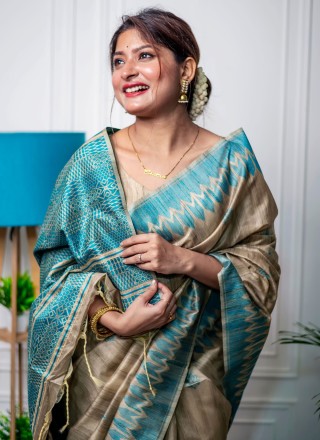 Beige Tussar Silk Designer Classic Saree