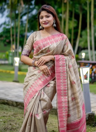 Beige Tussar Silk Designer Saree