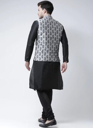 Black and Grey Dupion Silk Print Work Kurta Payjama with Jacket for Festival