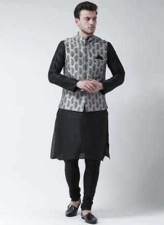Black and Grey Dupion Silk Print Work Kurta Payjama with Jacket for Festival