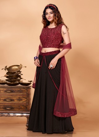 Plain Wine Maroon Net Lehenga