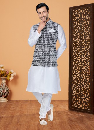 White kurta pajama with black online coat