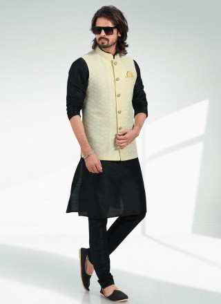 Black and Yellow Art Banarasi Silk Kurta Payjama With Jacket