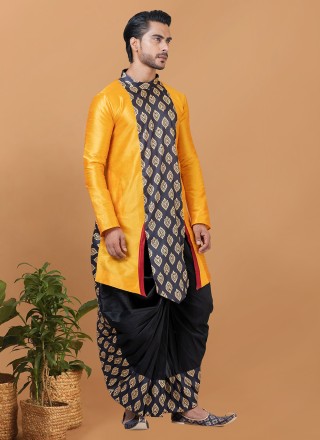 Black and Yellow Banarasi Silk Printed Dhoti Kurta