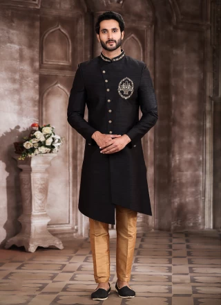 Black Art Silk Reception Indo Western Sherwani