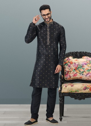 Black Banarasi Silk Thread Work Kurta Pyjama