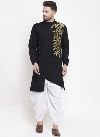 Black Blended Cotton Embroidered Work Dhoti Kurta for Casual
