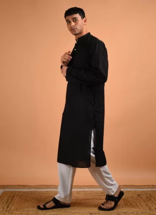 Black Blended Cotton Kurta Pyjama with