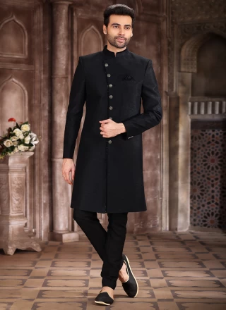 Black Buttons Art Silk Indo Western Sherwani