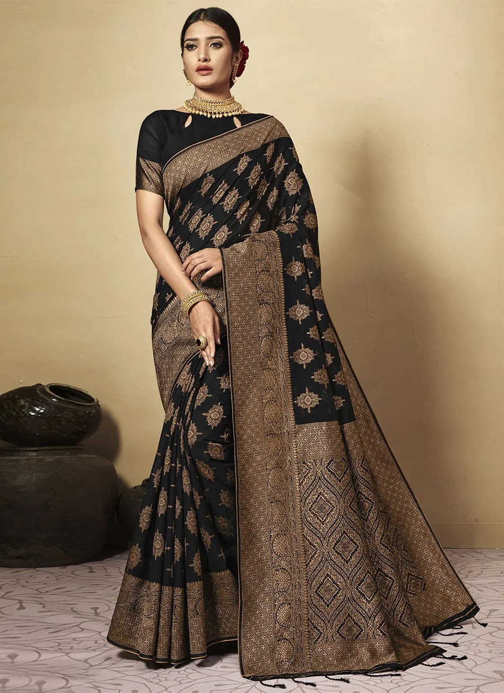 Celebrity Chanderi Silk Saree in Black with Zari chunri Butis and wide –  Shobitam