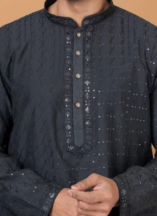 Black Cotton Embroidered and Sequins Work Kurta Pyjama for Engagement