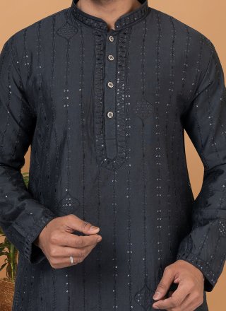 Black Cotton Kurta Pyjama with Embroidered and Sequins Work for Men