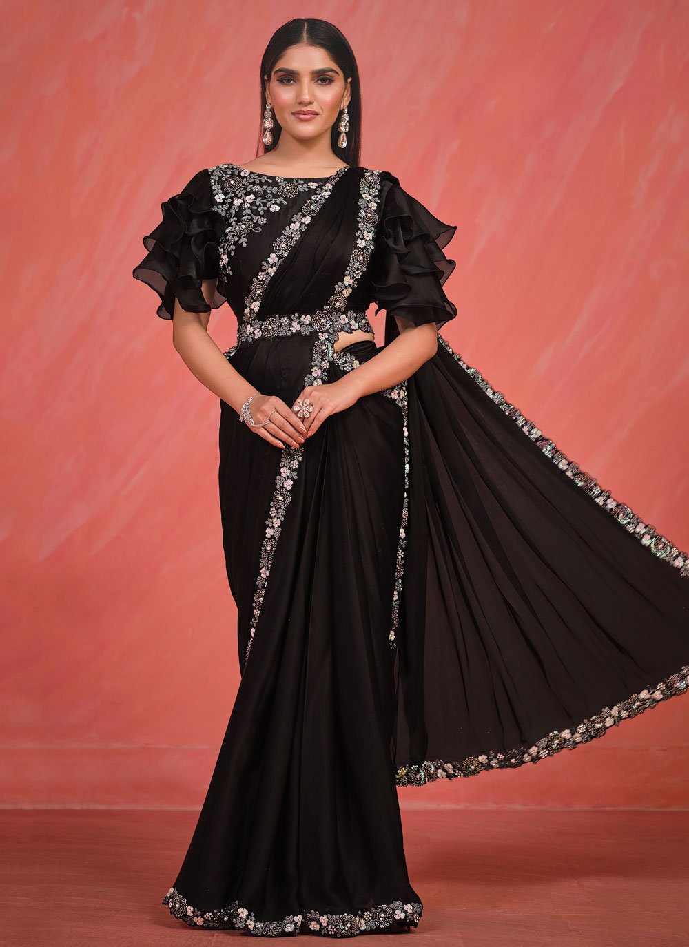 Black Crepe Silk Embroidered Work Classic Sari for Party