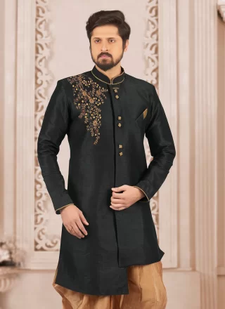 Black Dupion Silk Embroidered Work Kurta Mens Wear