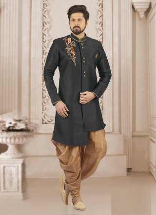 Black Dupion Silk Indo Western with Embroidered Work for Engagement