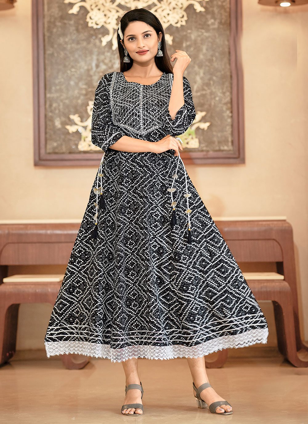 Black Embroidered Rayon Party Wear Kurti