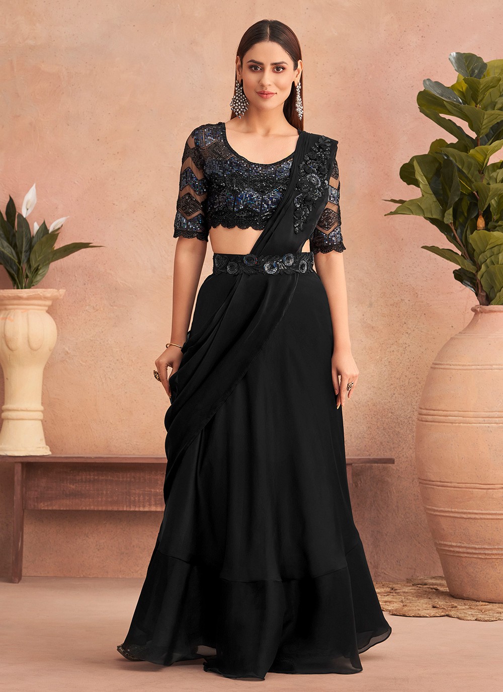 black engagement lehenga style saree 262786