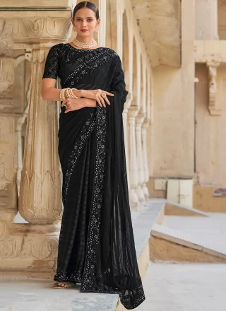 Black Fancy Fabric Embroidered Work Contemporary Saree