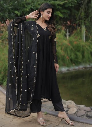 Black Faux Georgette Readymade Salwar Suit with Embroidered Work