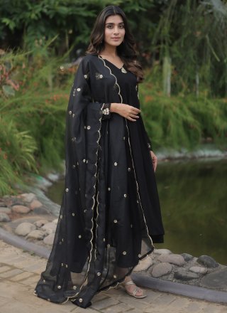 Black Faux Georgette Readymade Salwar Suit with Embroidered Work