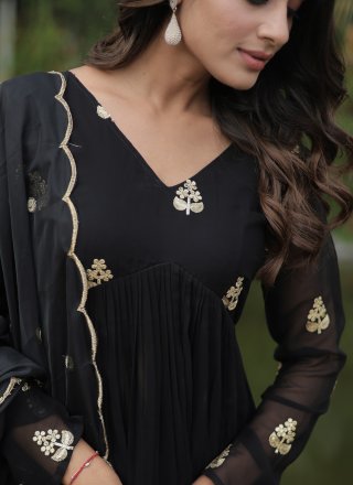Black Faux Georgette Readymade Salwar Suit with Embroidered Work