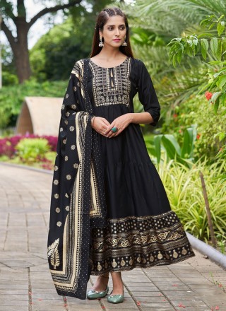 Black Foil Print Rayon Trendy Gown