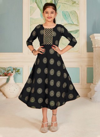 Black Foil Print Readymade Gown