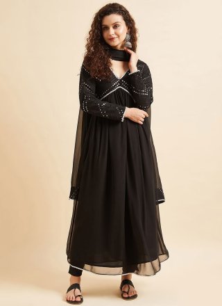 Black Georgette Anarkali Suit with Embroidered and Mirror Work