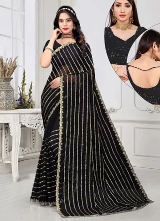 Black Georgette Embroidered and Sequins Work Classic Saree for Ceremonial