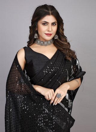 Black Georgette Embroidered and Sequins Work Classic Sari