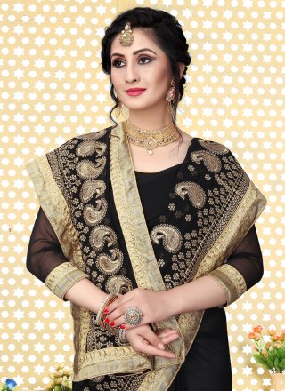 Black Georgette Embroidered and Zari Work Classic Saree for Women