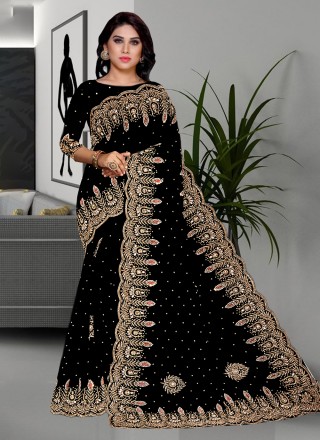 BHARODIYA ENTERPRISES Designer Wear Saree Sari Party Wear Indian Blouse  Bollywood Wedding Sari New Black Color
