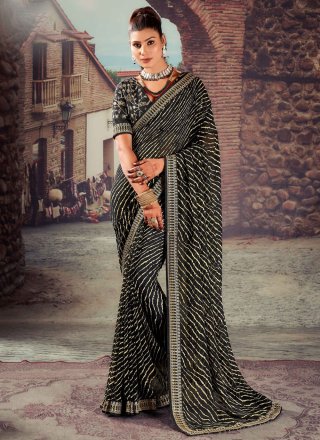 Black Georgette Patch Border and Embroidered Work Classic Saree for Casual