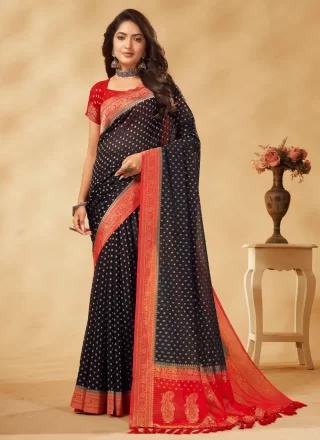 Black Georgette Woven Work Contemporary Sari for Ceremonial