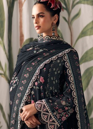 Black Muslin Digital Print and Embroidered Work Salwar Suit for Engagement
