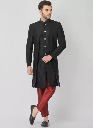 Black Plain Work Dupion Silk Indo Western