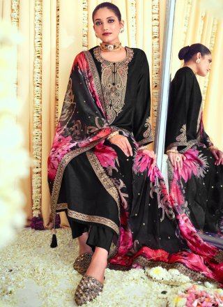 Black Raw Silk Embroidered Work Salwar Suit for Ceremonial