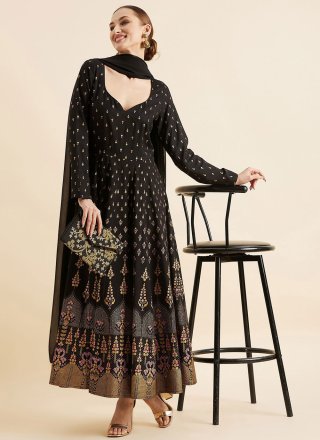 Black Rayon Indian Gown with Print Work for Women