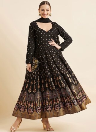 Black Rayon Indian Gown with Print Work for Women