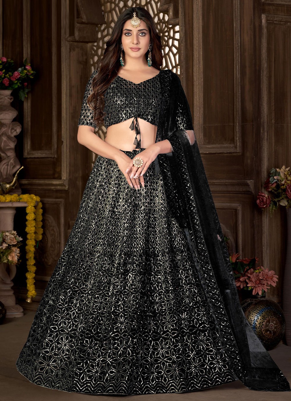 Black and Grey Wedding Lycra Lehenga Choli buy online -