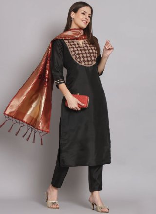 Black Silk Blend Readymade Salwar Suit with Embroidered Work for Women