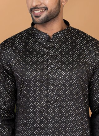 Black Silk Kurta Pyjama with Embroidered and Sequins Work for Men