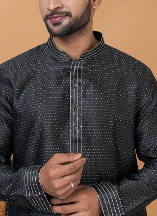 Black Silk Kurta Pyjama with Fancy Work for Men