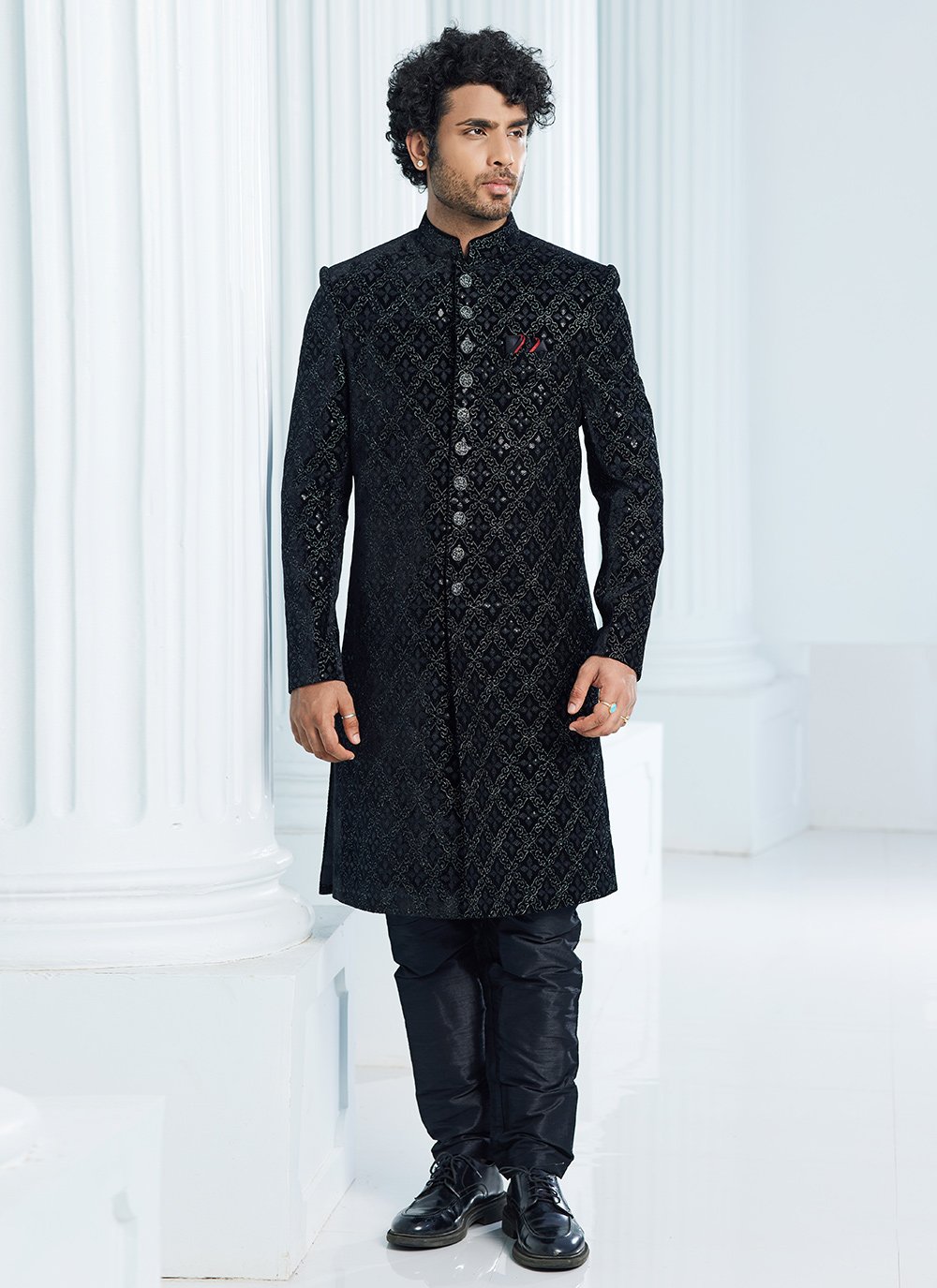 Black Velvet Indo Western with Machine Embroidery and Thread Work for Men