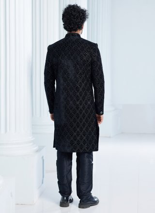 Black Velvet Indo Western with Machine Embroidery and Thread Work for Men