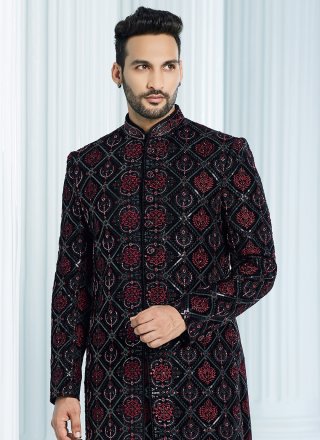 Black Velvet Machine Embroidery and Thread Work Indo Western Sherwani for Men