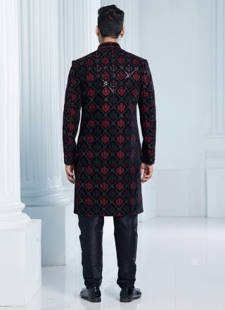 Black Velvet Machine Embroidery and Thread Work Indo Western Sherwani for Men