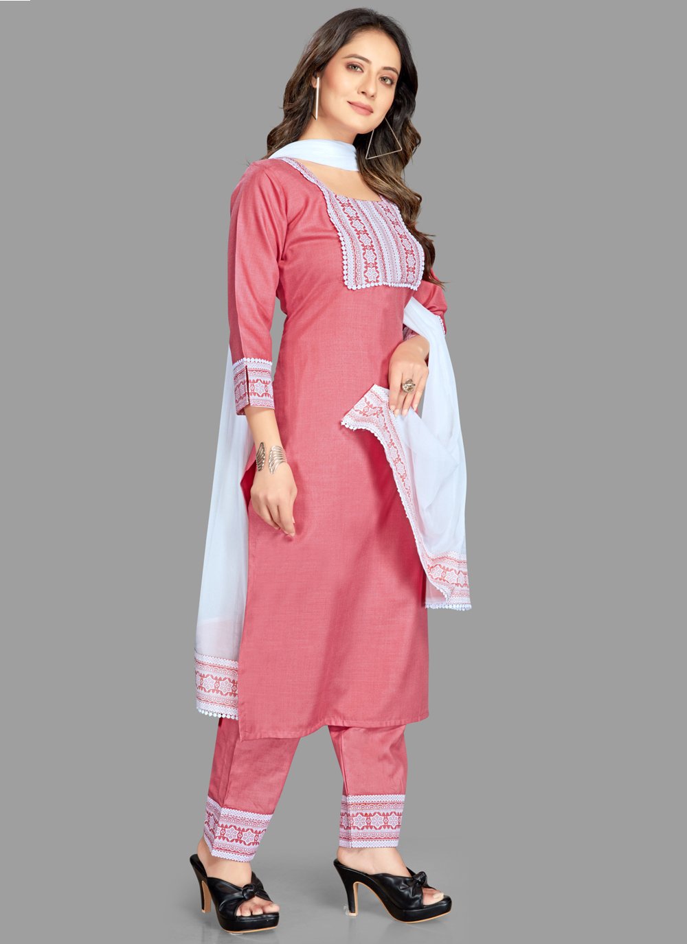 Shop Online Blended Cotton Fancy Pink Pant Style Suit : 253068 