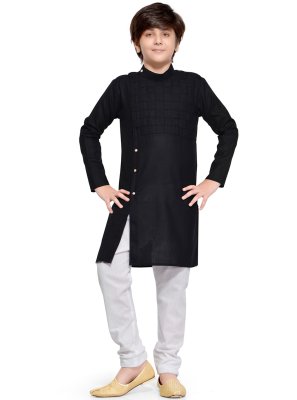 Blended Cotton Kurta Pyjama in Black