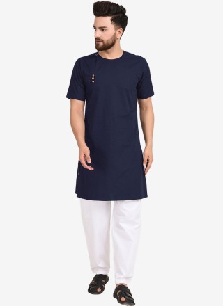 Blended Cotton Kurta Pyjama in Navy Blue